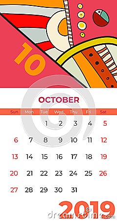 2019 October calendar abstract contemporary art vector. Desk, screen, desktop month 10,2019, colorful 2019 calendar template Vector Illustration