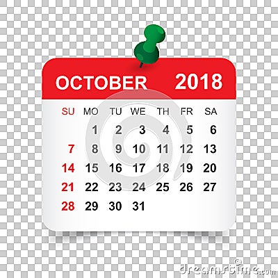 October 2018 calendar. Calendar sticker design template. Week st Vector Illustration