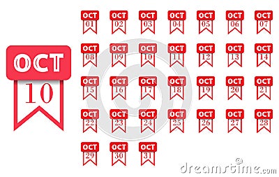 October. Calendar icon for every day of month. Flat style. Vector illustration Vector Illustration