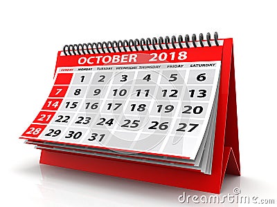 October 2018 Calendar. Isolated on White Background. 3d render Stock Photo