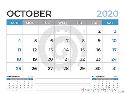 October 2020 Calendar template, Desk calendar layout Size 8 x 6 inch, planner design, week starts on sunday, stationery design Vector Illustration