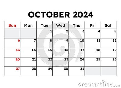 October 2024 calendar. Vector illustration. Monthly planning for your business Vector Illustration