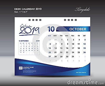 OCTOBER Desk Calendar 2019 Template, Week starts Sunday, Stationery design, flyer design vector, printing media creative idea desi Vector Illustration