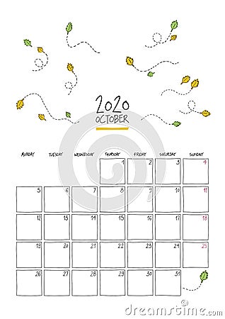 October 2020 doodle wall calendar Vector Illustration