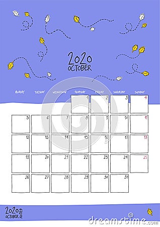 October 2020 doodle wall calendar Vector Illustration