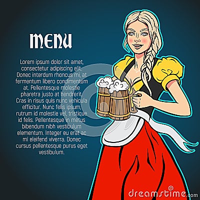 October fest waitress with beer mugs in hands. Vector bar menu background. Vector Illustration