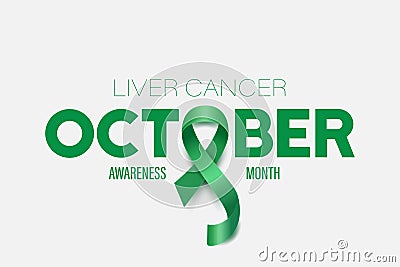 October. Liver Cancer Banner, Card, Placard with Vector 3d Realistic Emerald Green Ribbon on White Background. Liver Stock Photo