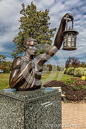 October 16, 2016 - 9/11 Memorial Eagle Rock Reservation in West Orange, New Jersey with view of New York City - a torch over New Y Editorial Stock Photo