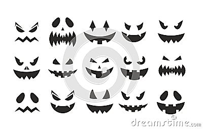 October party scary black clipart collection, spooky pumpkins facial expression, smiling ghost face on Halloween party Vector Illustration