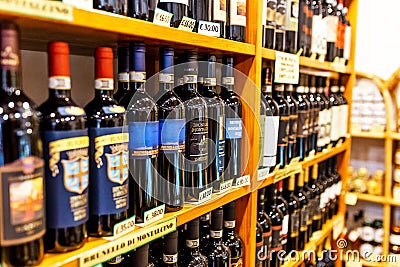 Montalcino wines for sale at local market in Tuscany Editorial Stock Photo