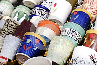 30 October 2021, Pune, India, A street shop with oriental ceramics. Teapots, plates and bowls. Bowls, plates and tea cups in Stock Photo