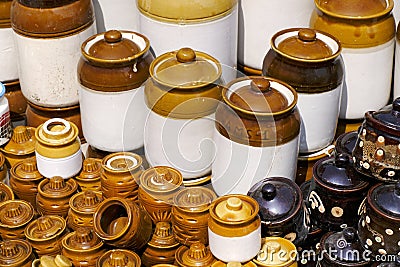 30 October 2021, Pune, India, A street shop with oriental ceramics. Teapots, plates and bowls. Bowls, plates and tea cups in Stock Photo