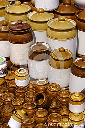 30 October 2021, Pune, India, A street shop with oriental ceramics. Teapots, plates and bowls. Bowls, plates and tea cups in Stock Photo