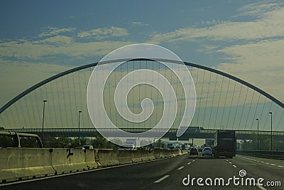 October 2021 Reggio-Emilia, Italy: Bridge over the highway A1 - Casello A1 motorway Reggio Emilia. View from Santiago Calatrava on Editorial Stock Photo
