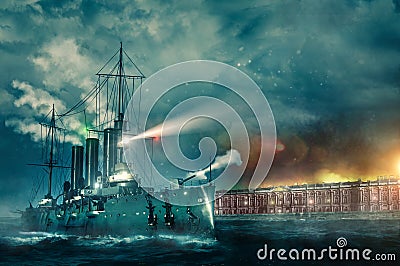 October revolution 1917 in Saint Petersburg battleship Aurora Stock Photo