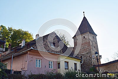 The Butchers` Tower, Turnul Macelarilor, historical tower in the medieval citadel of Sighisoara. Editorial Stock Photo