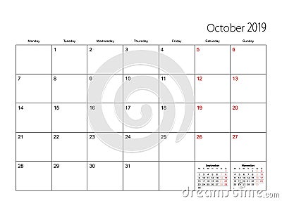 October 2019 simple calendar planner, week starts from Monday Vector Illustration