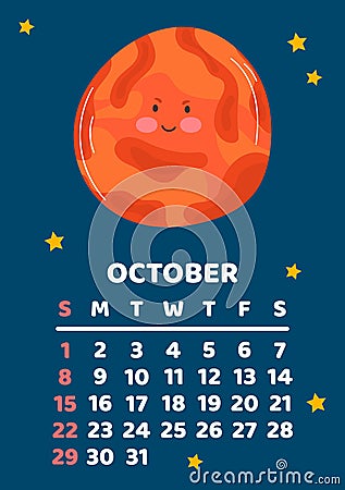 October. Space calendar planner 2023. Weekly scheduling, planets, space objects. Week starts on Sunday. Mars Vector Illustration