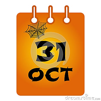 October 31 st calendar colored icon. Halloween. Black inscription with cobweb on orange background. Vector Cartoon Illustration
