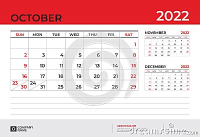 Desk Calendar 2022 design, October 2022 template, week start on sunday, Planner design, Wall calendar 2022 layout Vector Illustration