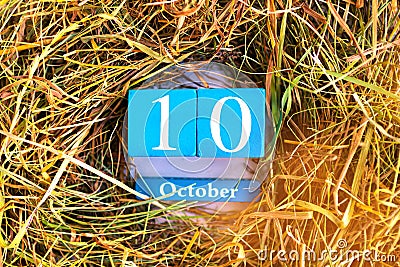 October 10th. Blue cube calendar with month and date Stock Photo