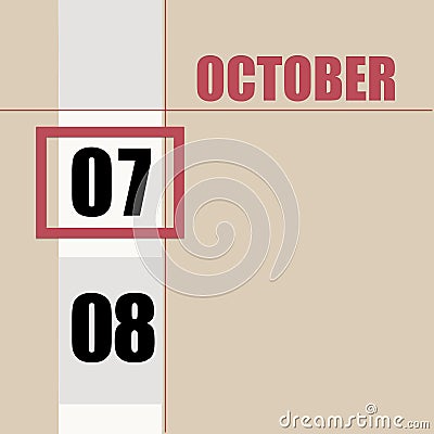 october 7. 7th day of month, calendar date.Beige background with white stripe and red square, with changing dates Stock Photo