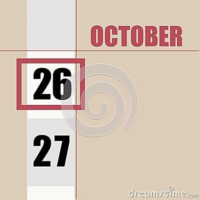 october 26. 26th day of month, calendar date.Beige background with white stripe and red square, with changing dates Stock Photo