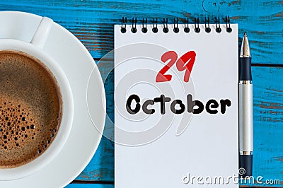October 29th. Day 29 of month, hot drink cup with calendar on human-resources manager workplace background. Autumn time Stock Photo