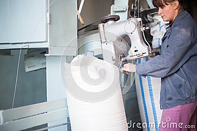 14 october 2014.Ukraine.Kyiv.Work on the production of agricultural products. A Caucasian woman dressed in an iniform performs Editorial Stock Photo