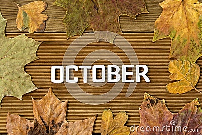 October word, letters with autumn dried leaves, over wooden background Stock Photo