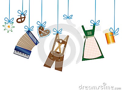 Octoberfest background, lederhosen, dirndl, edelweiss, pretzel hanging on blue line Vector Illustration