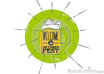 Octoberfest Flat Icon. Green Badge with Rays, Mug of Beer Vector Illustration