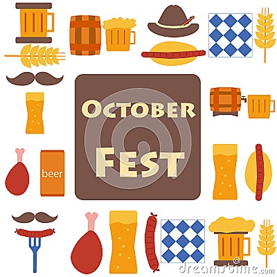 Octoberfest icons and patterns flat style. Vector Illustration