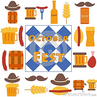 Octoberfest icons and patterns flat style. Vector Illustration