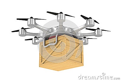 octocopter with wooden box on white background. Isolated 3d illustration Cartoon Illustration