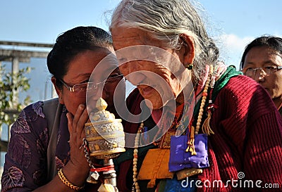 Octogenarian Tibetan Women Hold Prayer Wheel Editorial Stock Photo