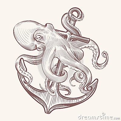 Octopus with anchor. Sketch sea kraken squid holding ship anchor. Octopus navy tattoo vector vintage design Vector Illustration