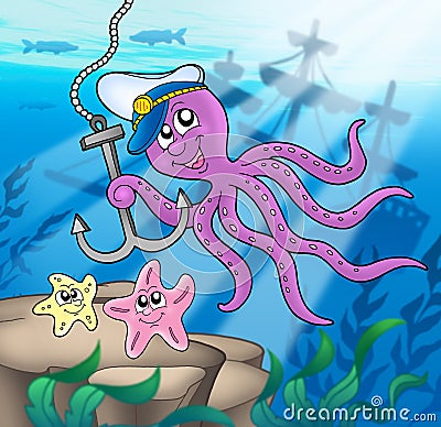 Octopus with anchor and starfishes Cartoon Illustration