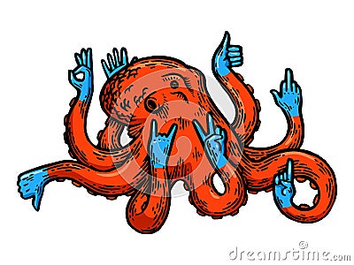 Octopus animal with human hands engraving raster Cartoon Illustration