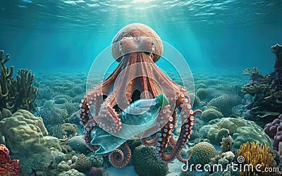 An octopus at the bottom of the ocean, near the reef holding a bottle in its tentacles Stock Photo