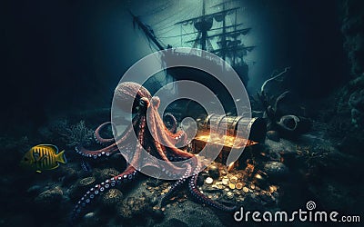 Octopus at the bottom of the sea guards a treasure chest, gold coins Stock Photo