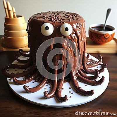 Playful Octopus Cake With Chocolate Frosting - Unique And Delicious Dessert Stock Photo