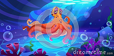 Octopus cartoon character swimming underwater. Vector Illustration