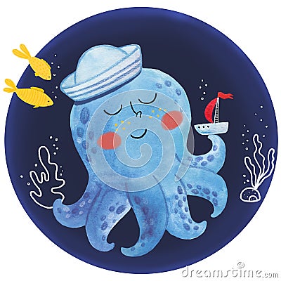 Octopus character. Cute watercolor octopus logo, kids design. Sea animal illustration. Hand painted cartoon octopus Cartoon Illustration