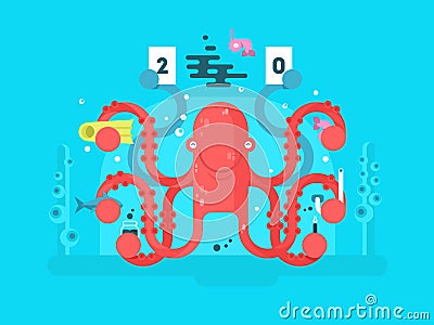 Octopus character design flat Vector Illustration