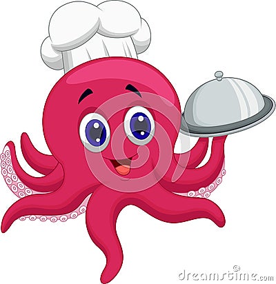 Octopus chef cartoon holding platters Vector Illustration
