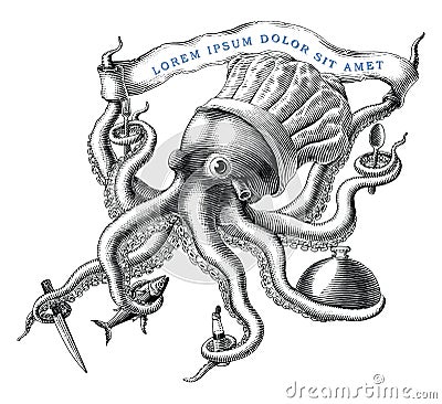 The Octopus chef logo design hand draw vintage engraving style black and white clipart isolated on white background Vector Illustration