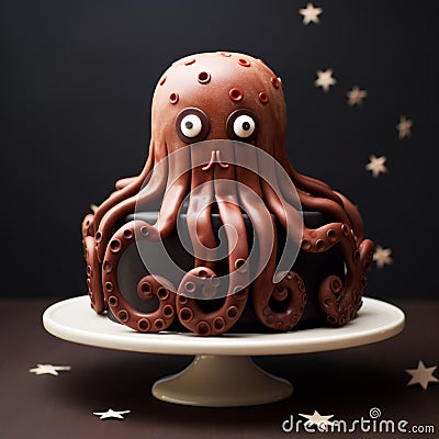 Octopus Chocolate Fondue Face Cake - 2d Cake With Comic Cartoon Style Stock Photo