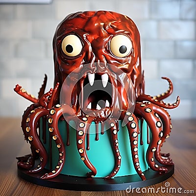 Octopus Chocolate Fondue Face Cake - 2d Cake With Comic Cartoon Style Stock Photo