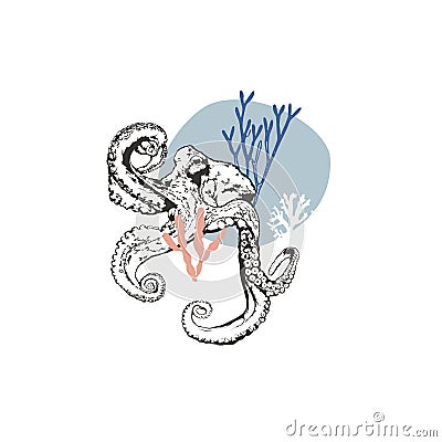 Octopus with the corals flat vector illustration Vector Illustration